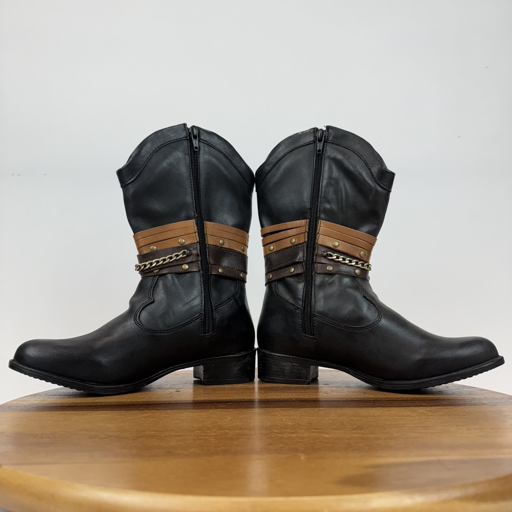 Womens Sandro Moscoloni Robin Belted Black Leather Cowboy Boots Size 5.5 M GUC - Picture 5 of 8